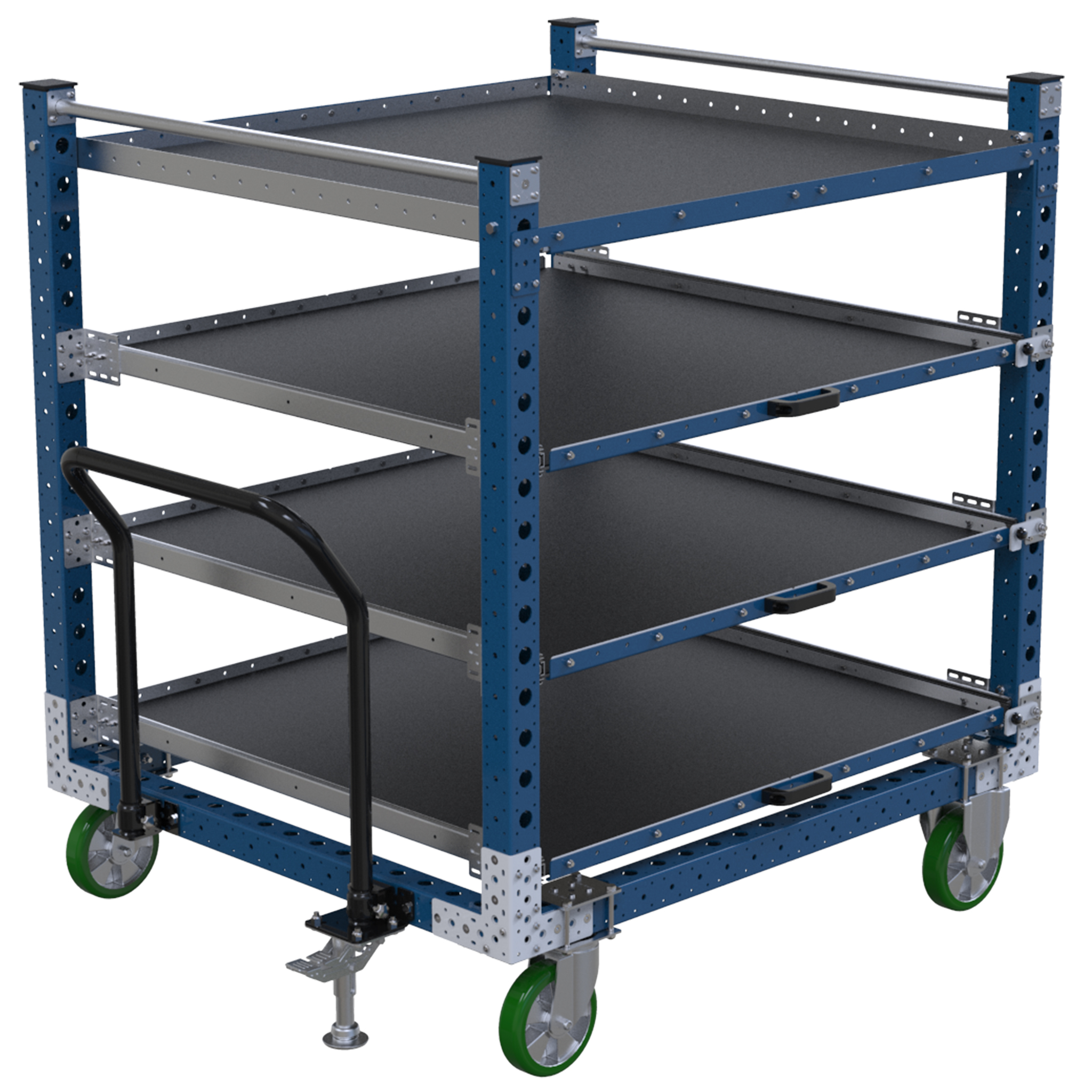 Extendable shelf push cart for transportation of totes/bins/boxes or loose components.