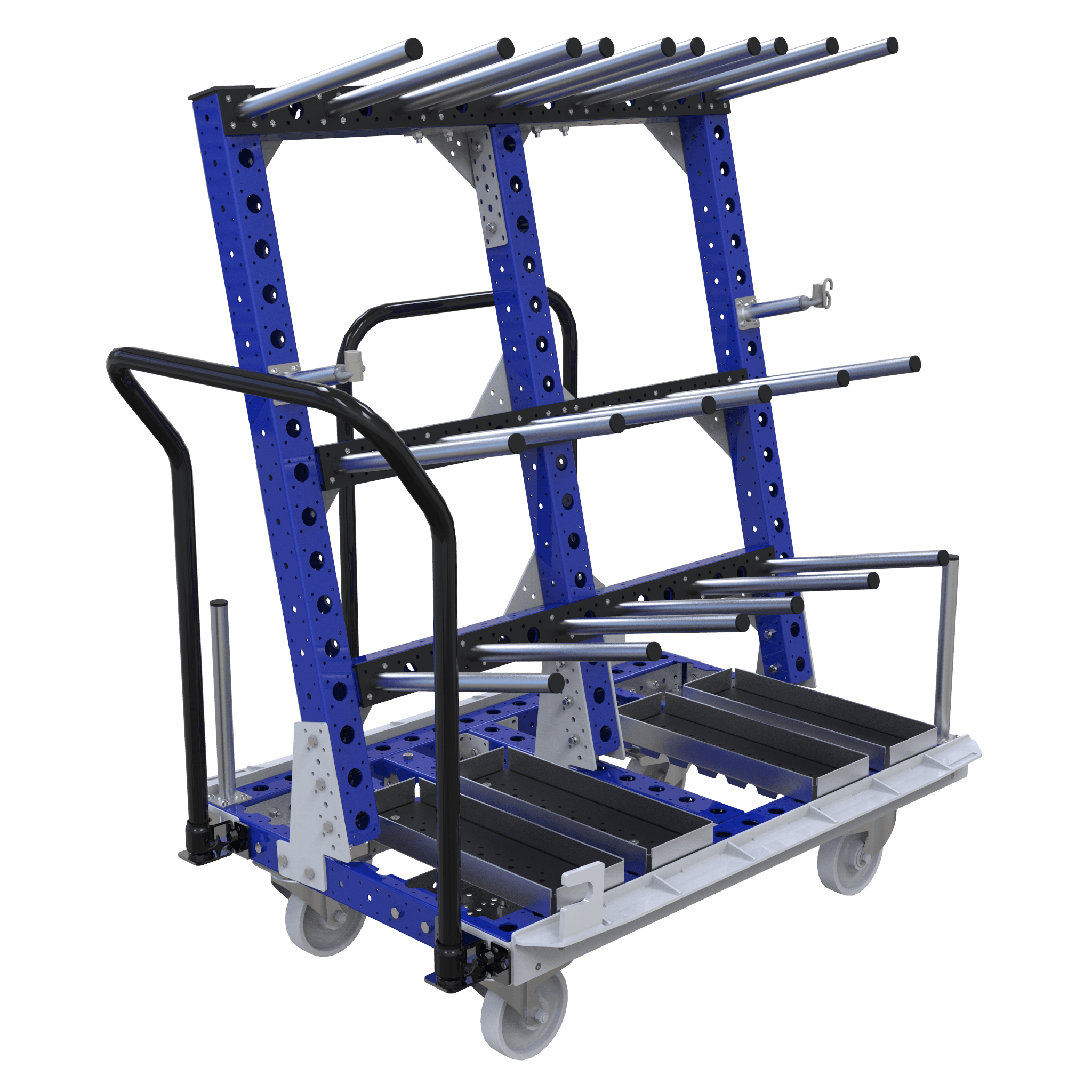 Material handling cart designed to store and transport kits of automotive components.