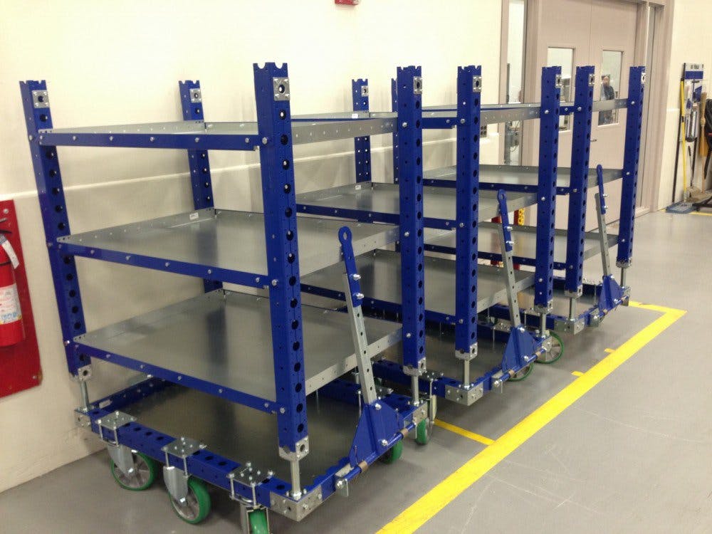 FlexQube Material Handling shelf carts with added tow bars