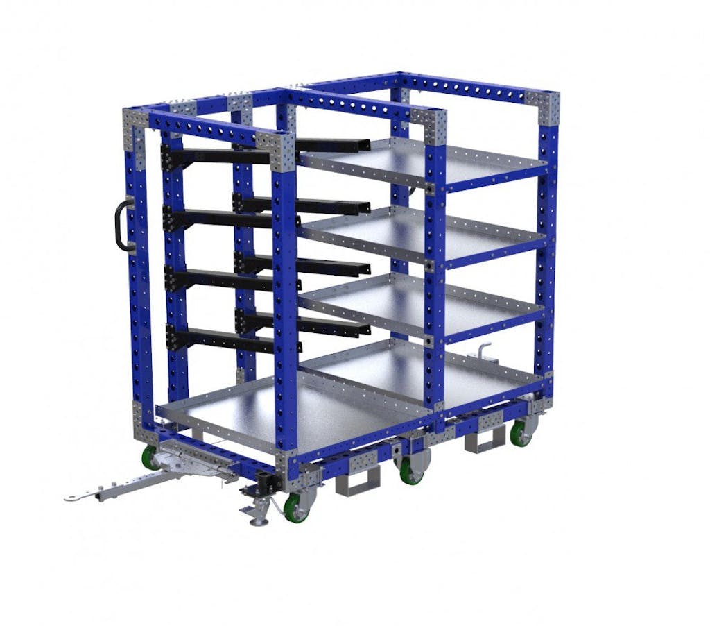 FlexQube Material Handling custom heavy duty kit cart with hangers and shelves