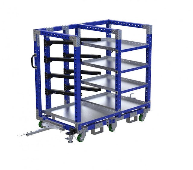 FlexQube Material Handling custom heavy duty kit cart with hangers and shelves
