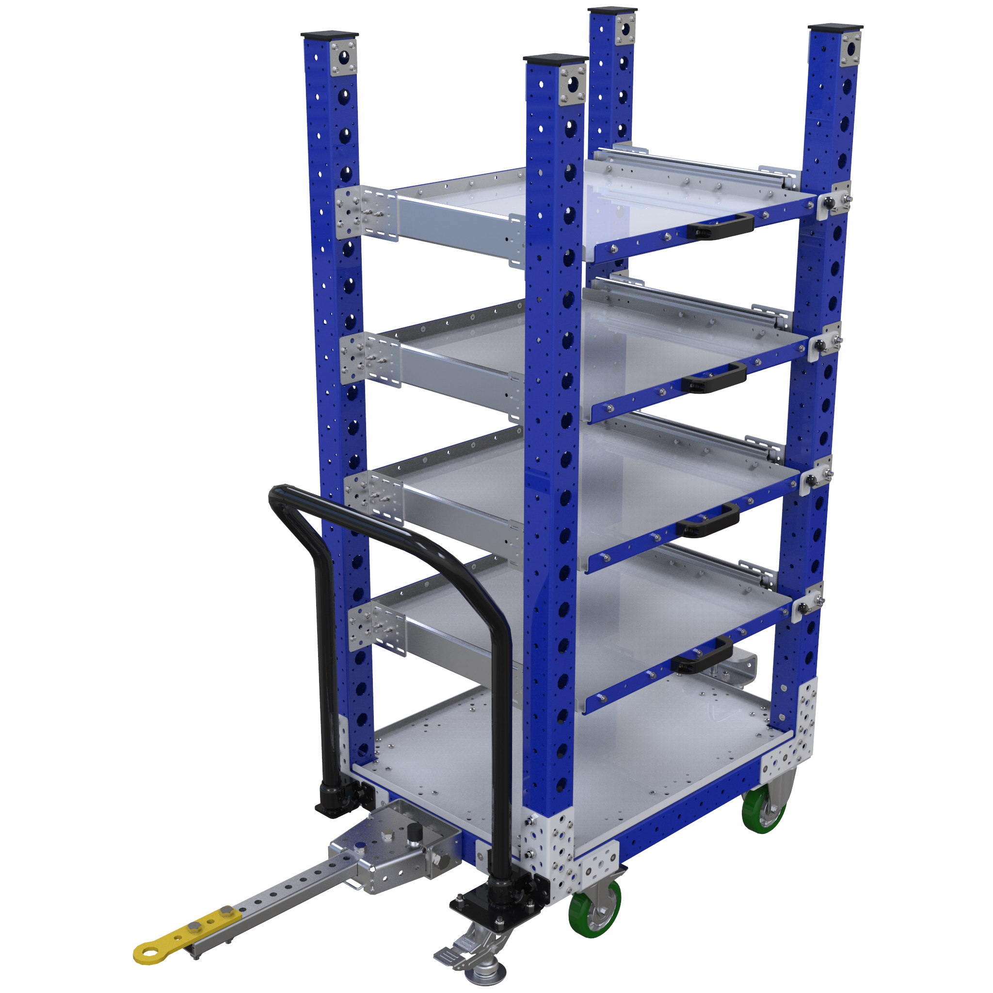 Extendable shelf cart that can be transported both manually and in a tugger train. 