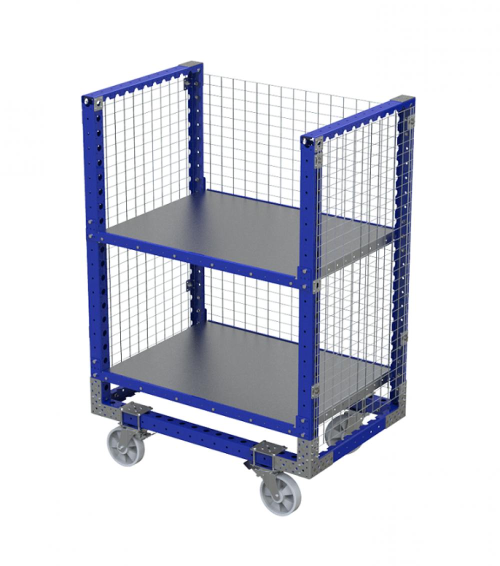 FlexQube Material Handling shelf cart with wire frame on the outside