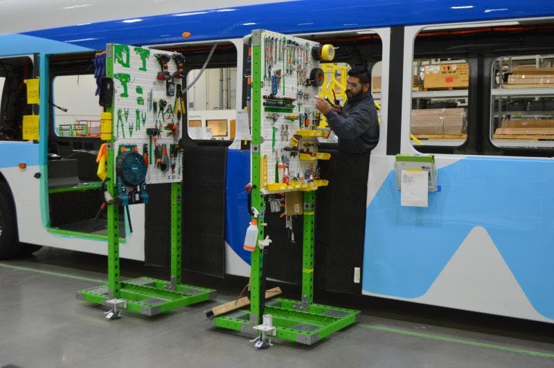 FlexQube kit cart helping with the manufacturing of buses