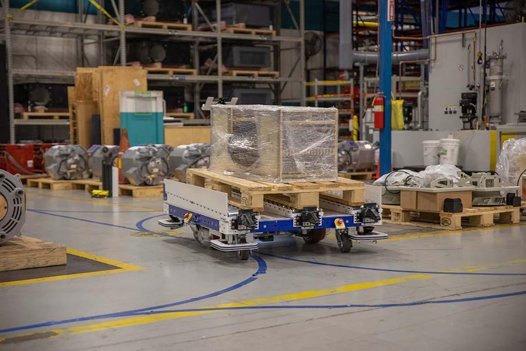 AGVs are used to transport materials within a facility