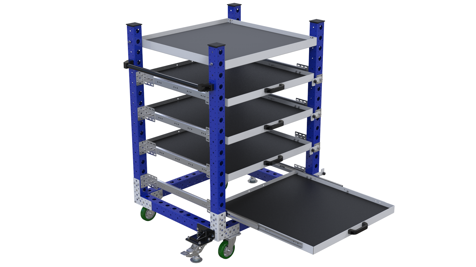 Extendable shelf cart designed for transportation of different materials and parts. 