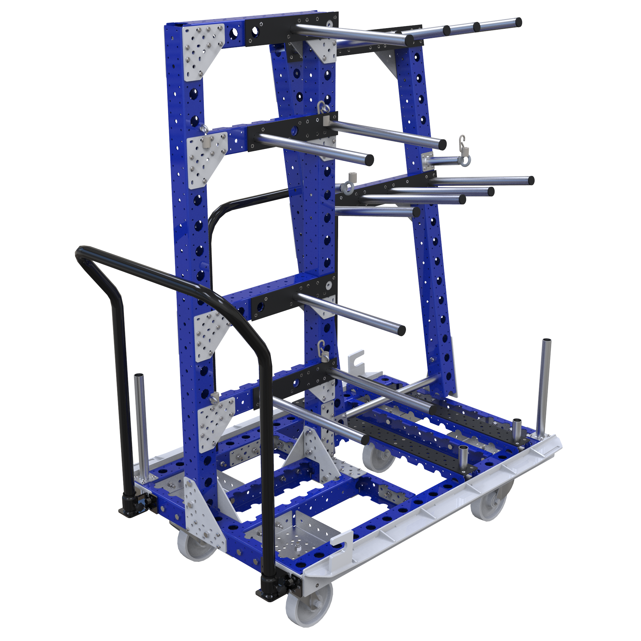 This cart was designed to store and transport kits of automotive components between warehouse and assembly line with the help of an I-Frame.